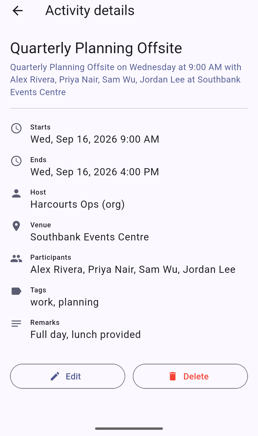 Activity detail screen for a Quarterly Planning Offsite, showing host, venue, participants, tags, and remarks