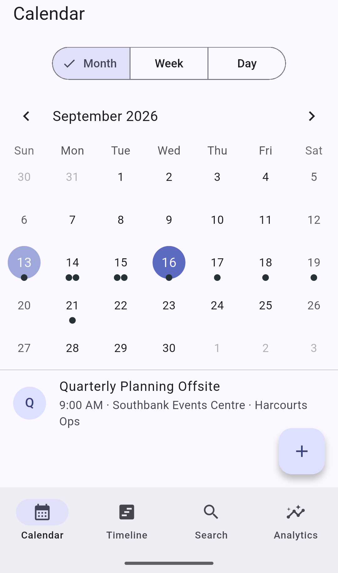 Month view of the Takdera calendar, showing September 2026 with activity dots and a selected day's event below the grid