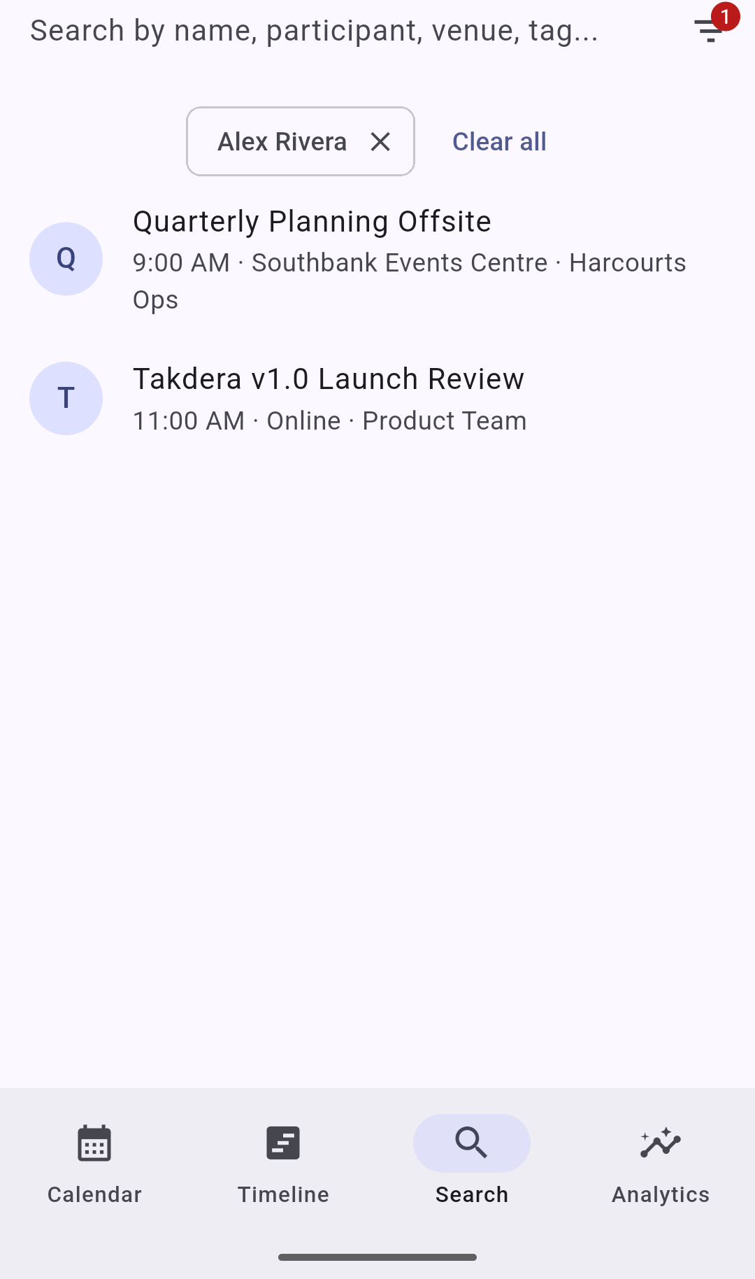 Search screen filtered by participant Alex Rivera, showing two matching activities