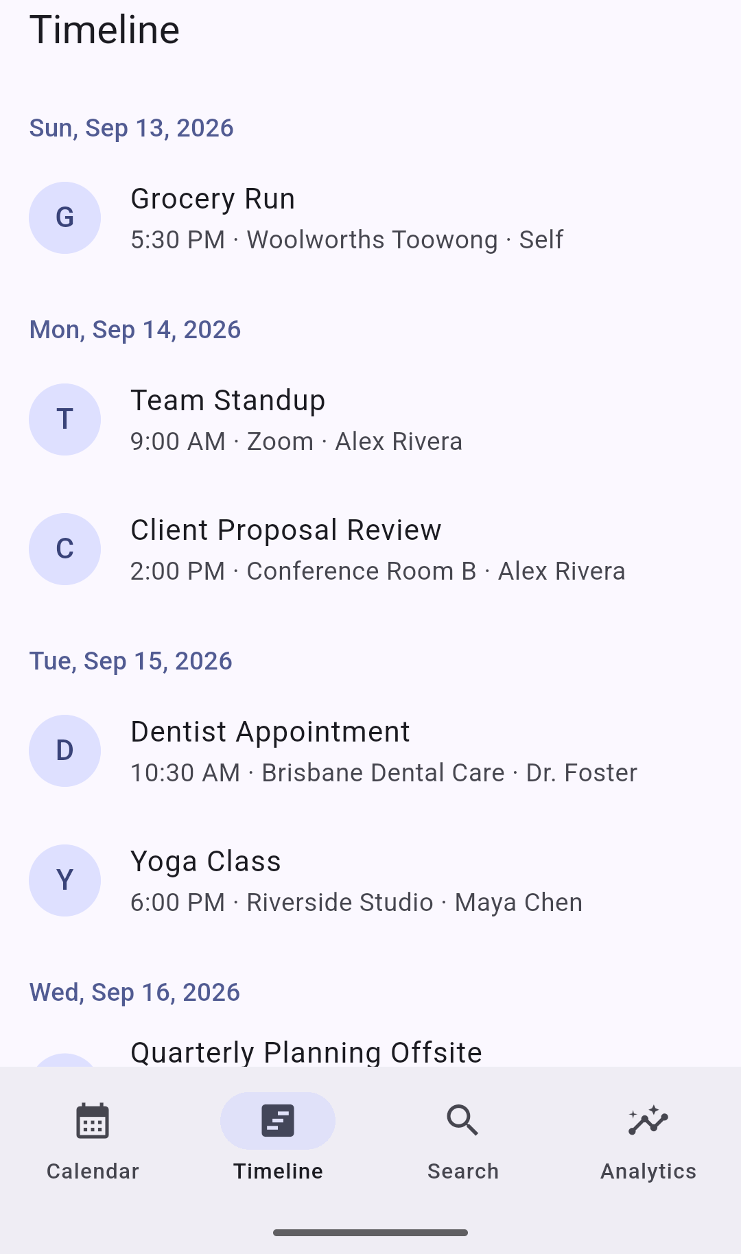 Timeline view listing upcoming activities grouped by date